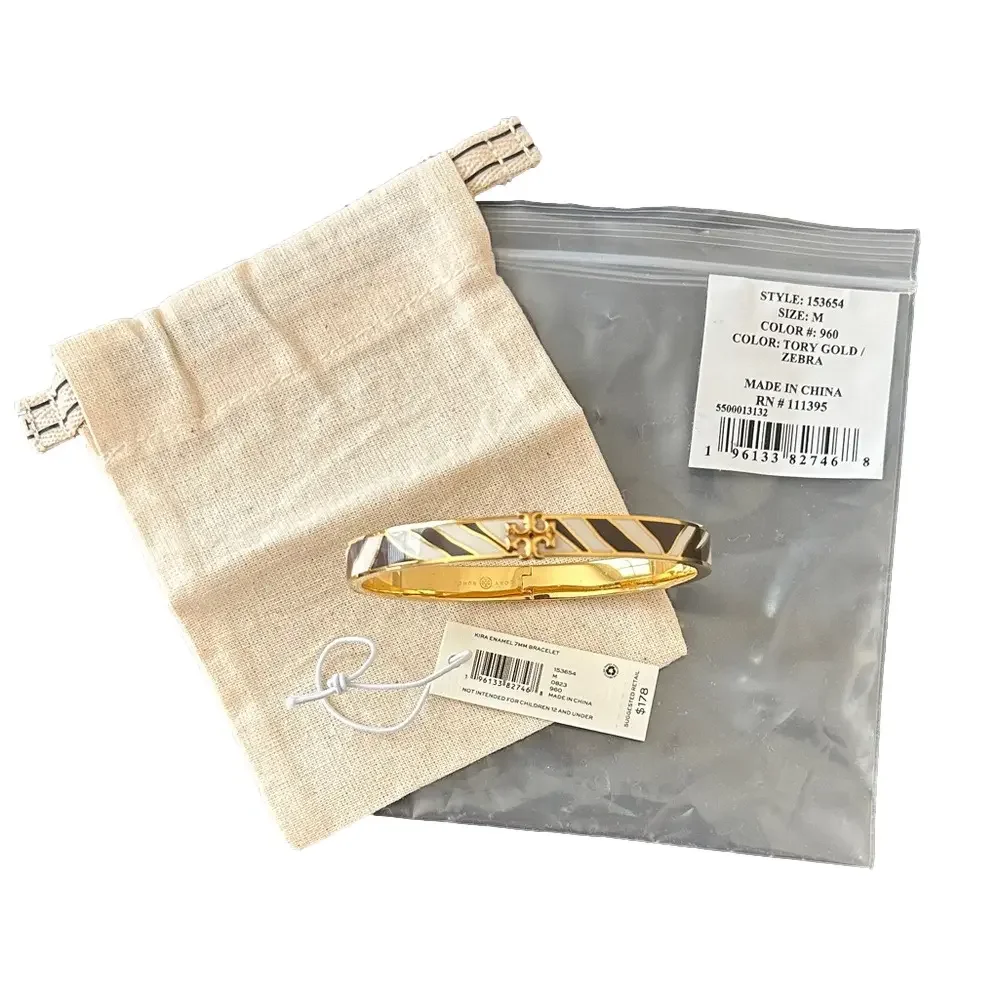 Tory Burch Zebra Print Kira Enamel 7mm Gold Hinge Bracelet Style #153654 NWT